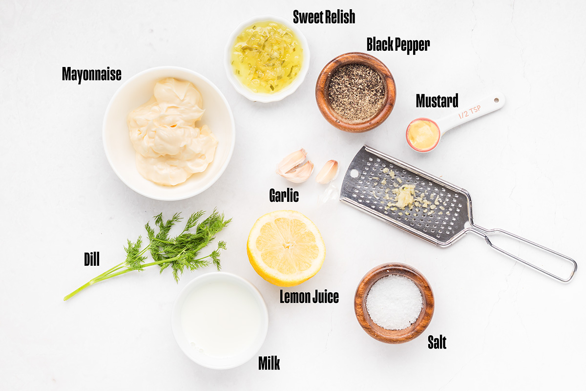 Tartar sauce ingredients: mayonnaise, sweet relish, black pepper, Dijon mustard, garlic, lemon juice, milk, dill, and salt