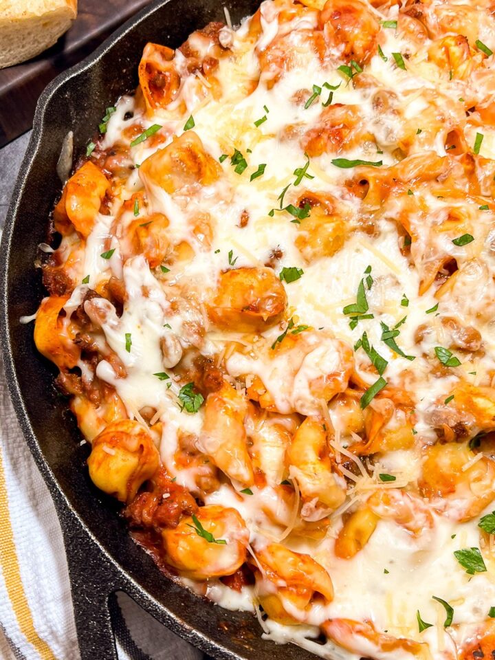 Tortellini with sausage baked in cast iron skillet
