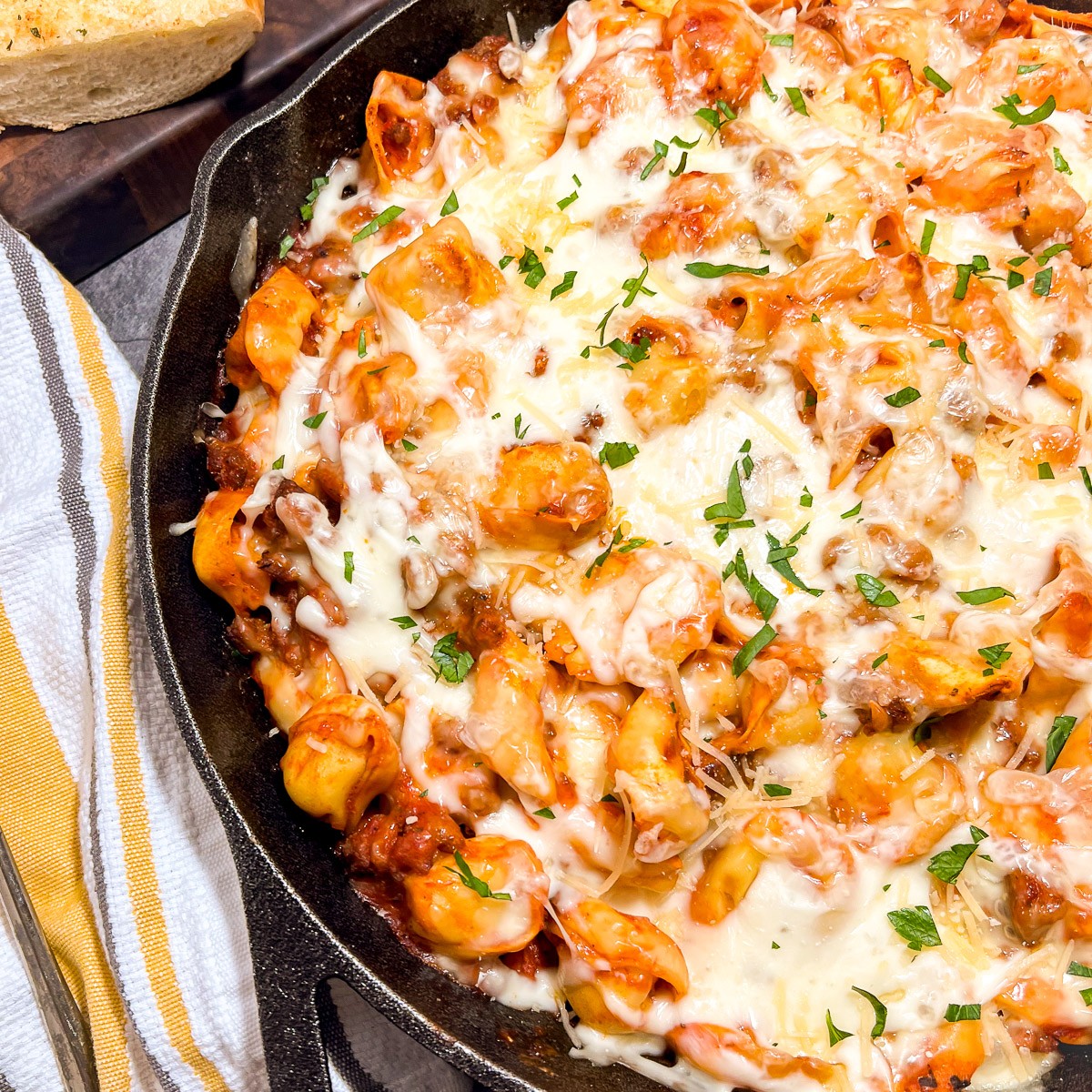Tortellini with sausage baked in cast iron skillet
