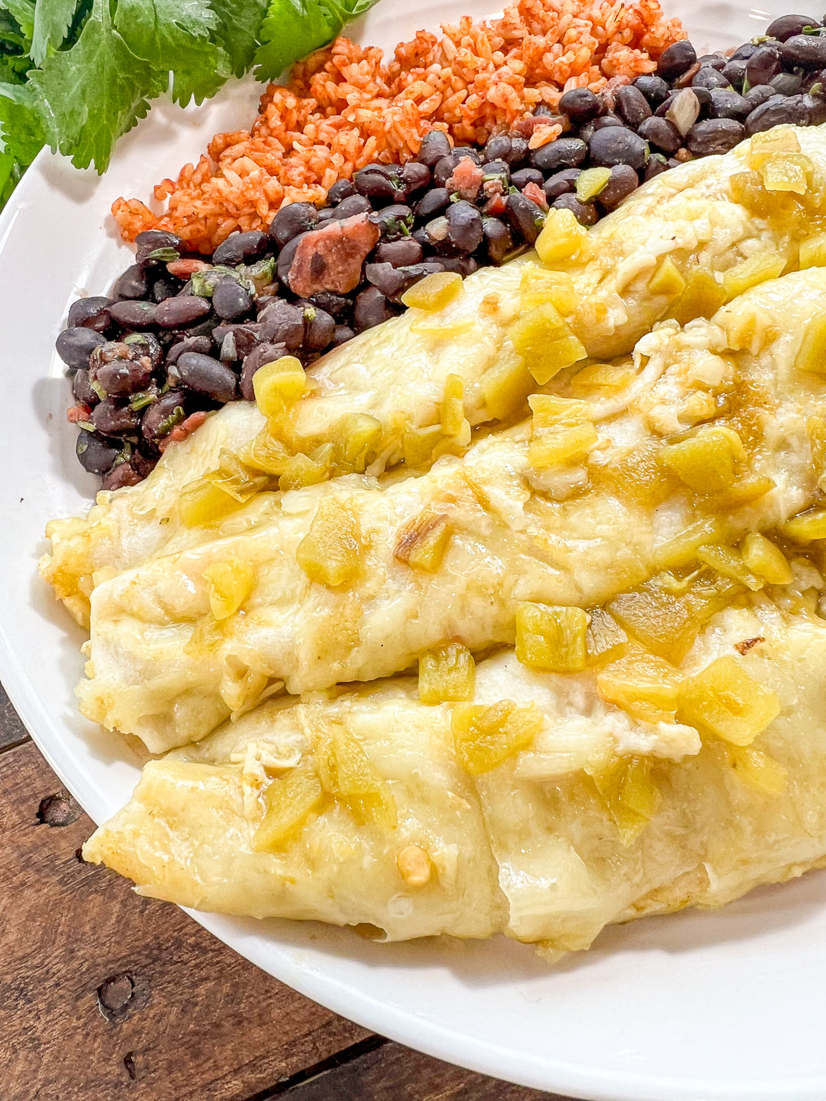 Plated creamy green chile chicken enchiladas served with rice and beans