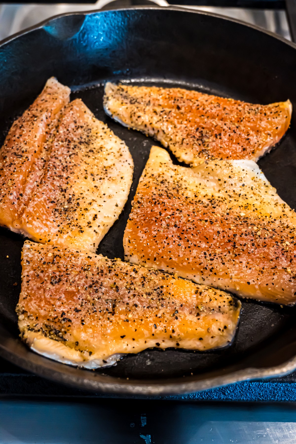 Rainbow trout fillets cooking skin-side down in a cast iron skillet