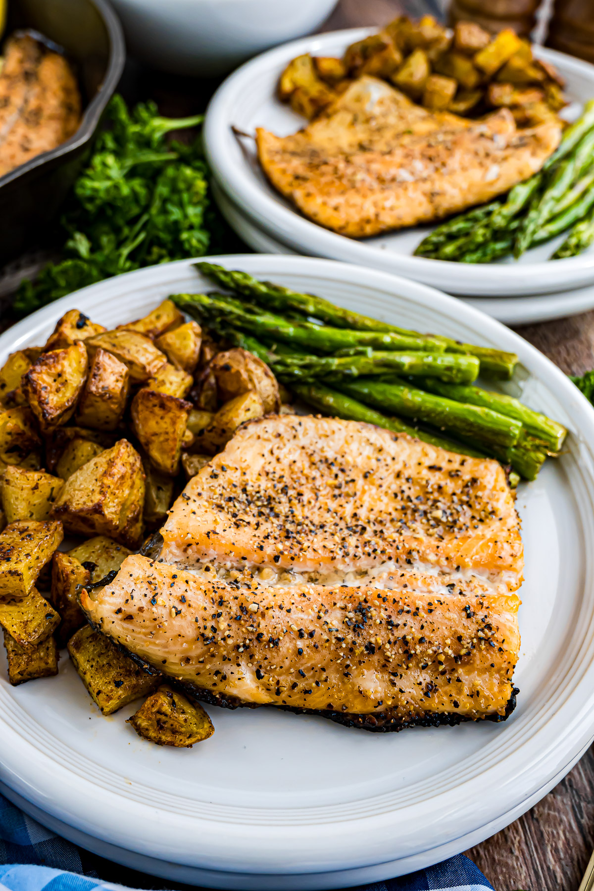 Grilled rainbow trout fillet plated with skillet fried potatoes and roasted asparagus