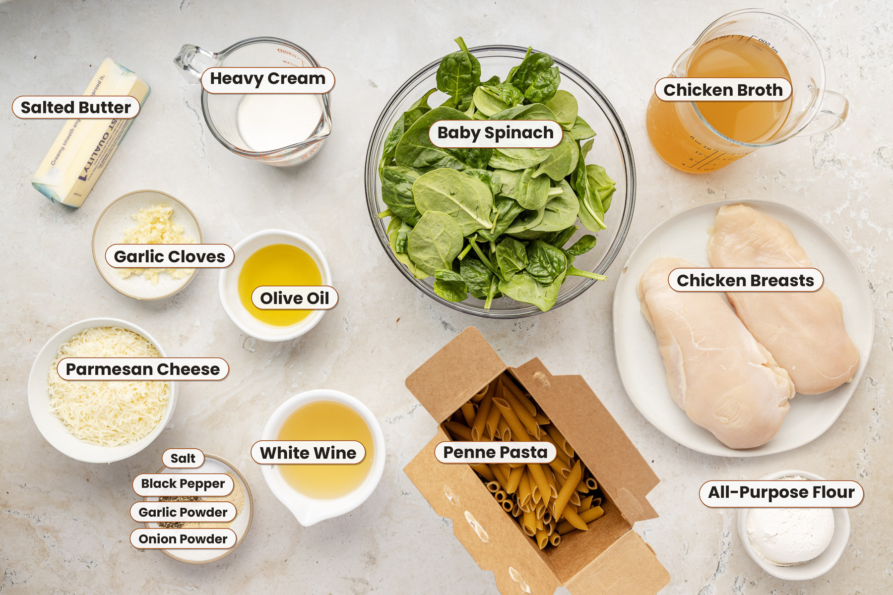 Ingredients for chicken Florentine pasta laid out in bowls