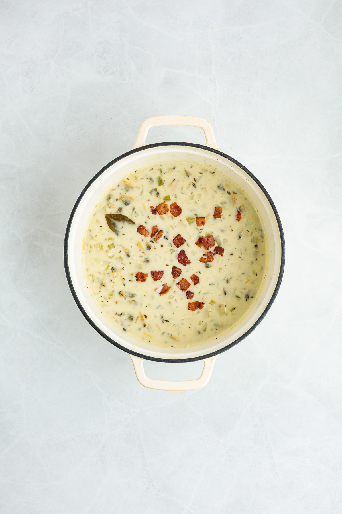 Bacon added to the top of the soup for garnish.