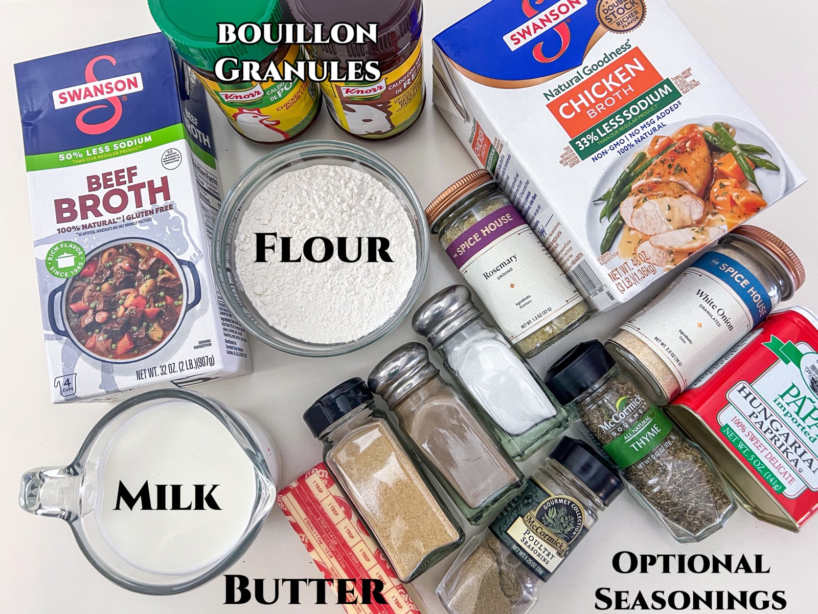 Ingredients to make gravy without drippings: broth, bouillon, flour, milk, butter, and optional seasonings.