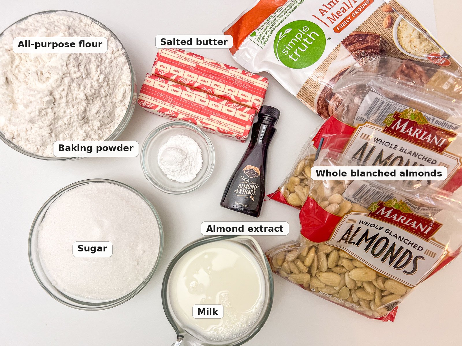 Labeled ingredients for Mary Todd Lincoln's white almond cake.