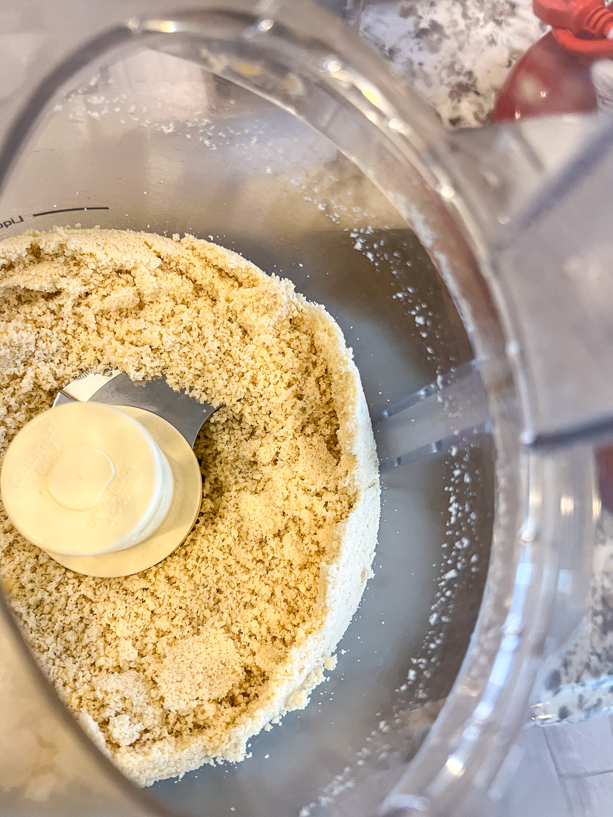 Freshly ground almond meal for white almond cake.
