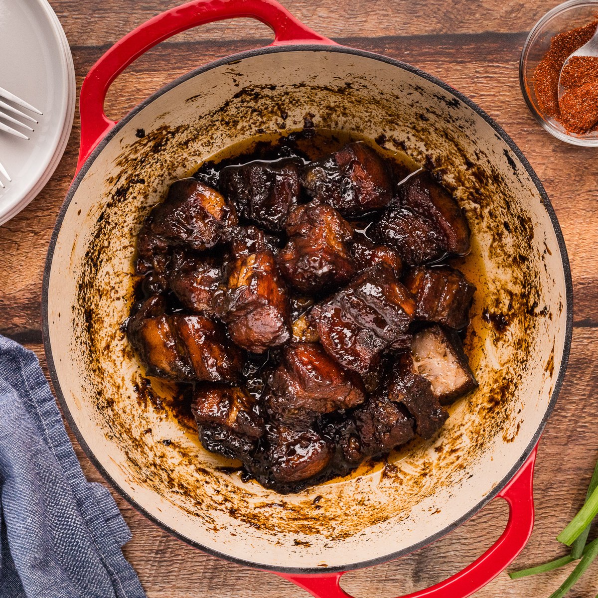 Caramelized pork belly burnt ends finished in the Dutch oven
