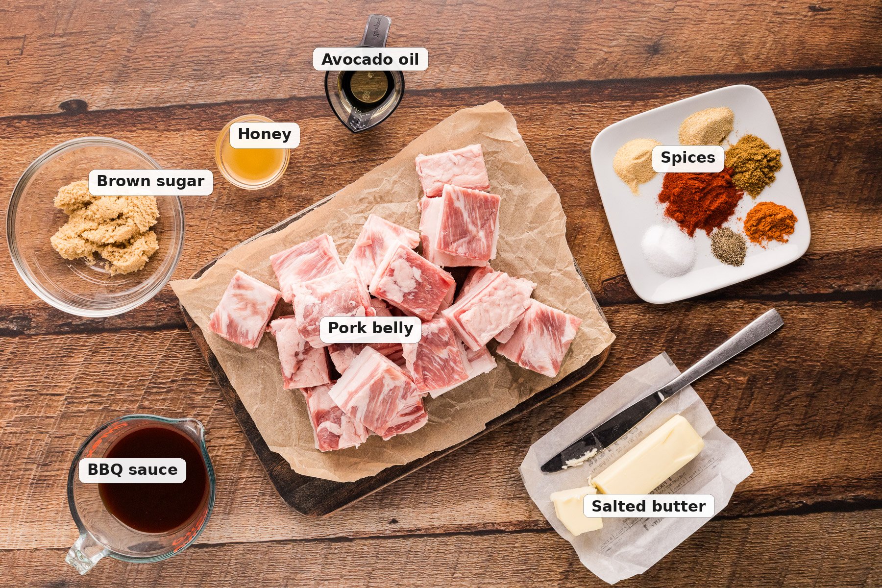 Pork belly burnt ends ingredients labeled flat lay on wood