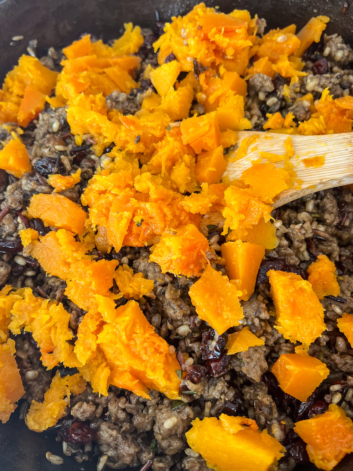 Diced roasted butternut squash folded into the sausage and wild rice filling.