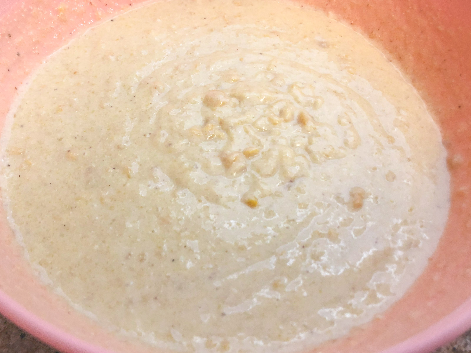 Dry ingredients added to the wet and mixed together.