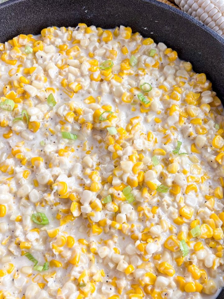 Southern creamed corn in a cast iron skillet.