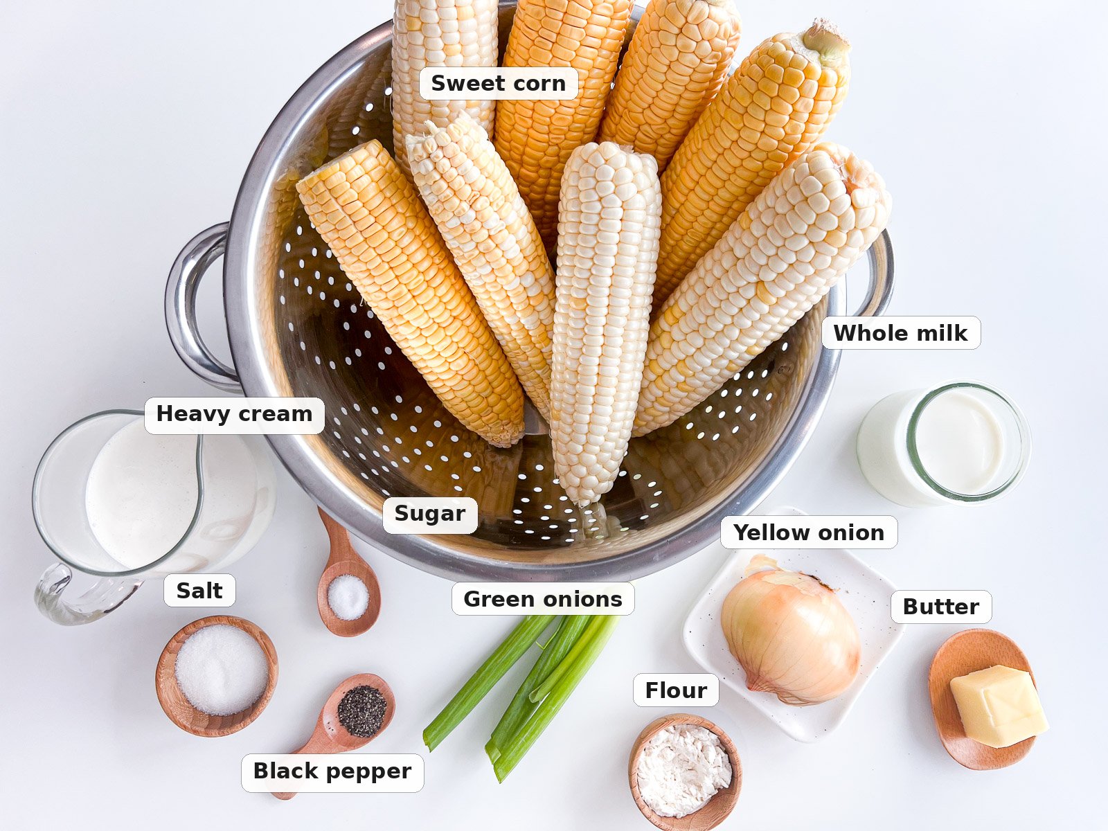 Ingredients for southern creamed corn: sweet corn, heavy cream, whole milk, butter, onion, green onions, flour, sugar, salt, and pepper.