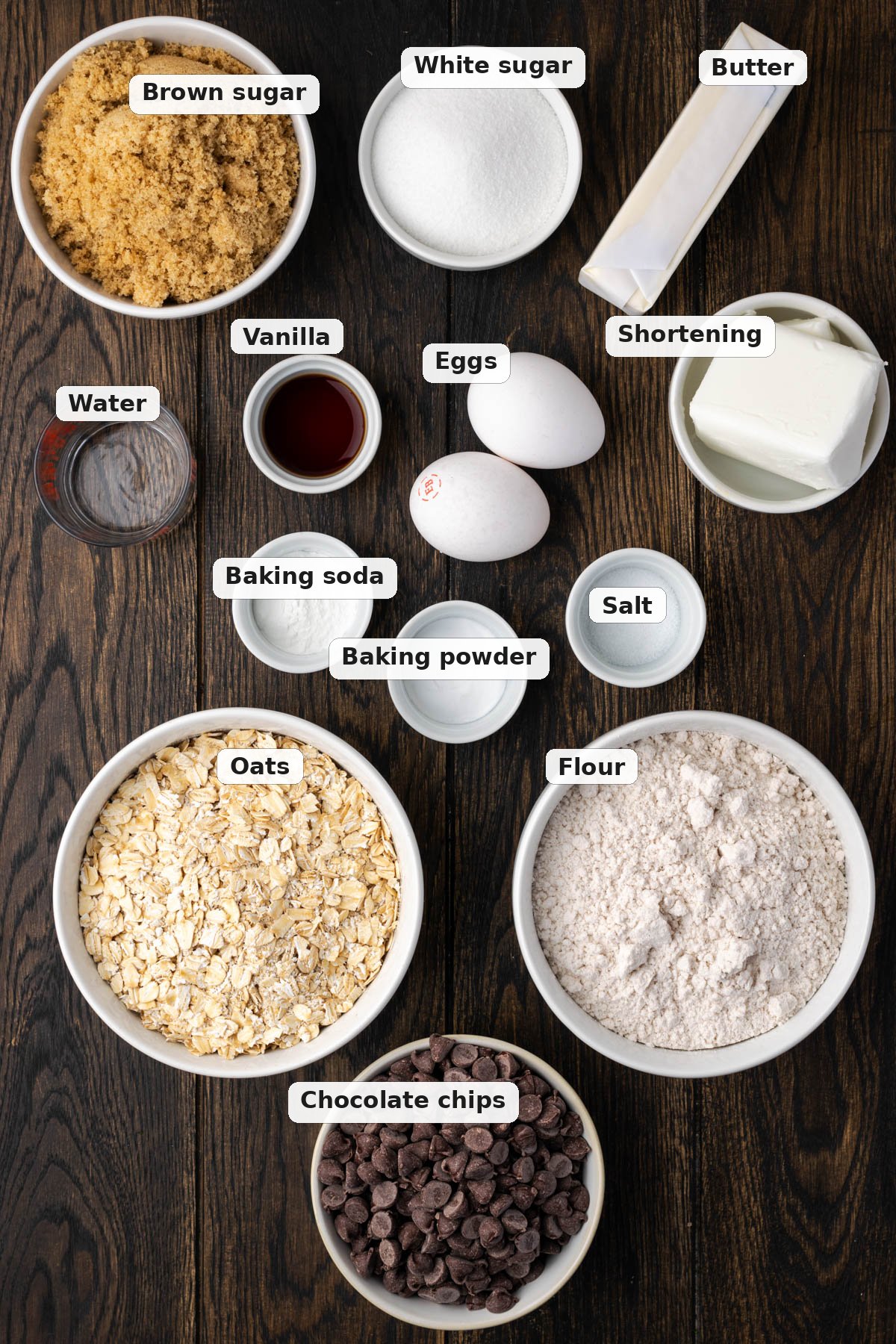 Labeled ingredients for oatmeal chocolate chip cookies.