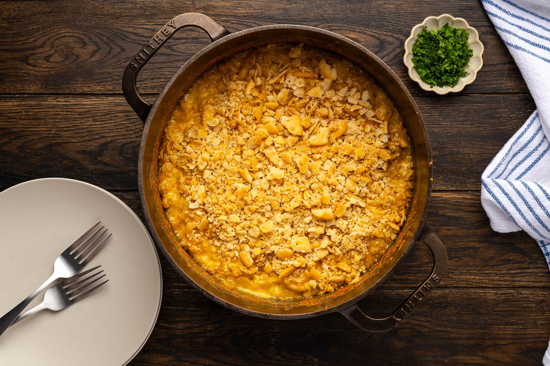 Golden baked cheesy pasta with a crispy Ritz cracker crust
