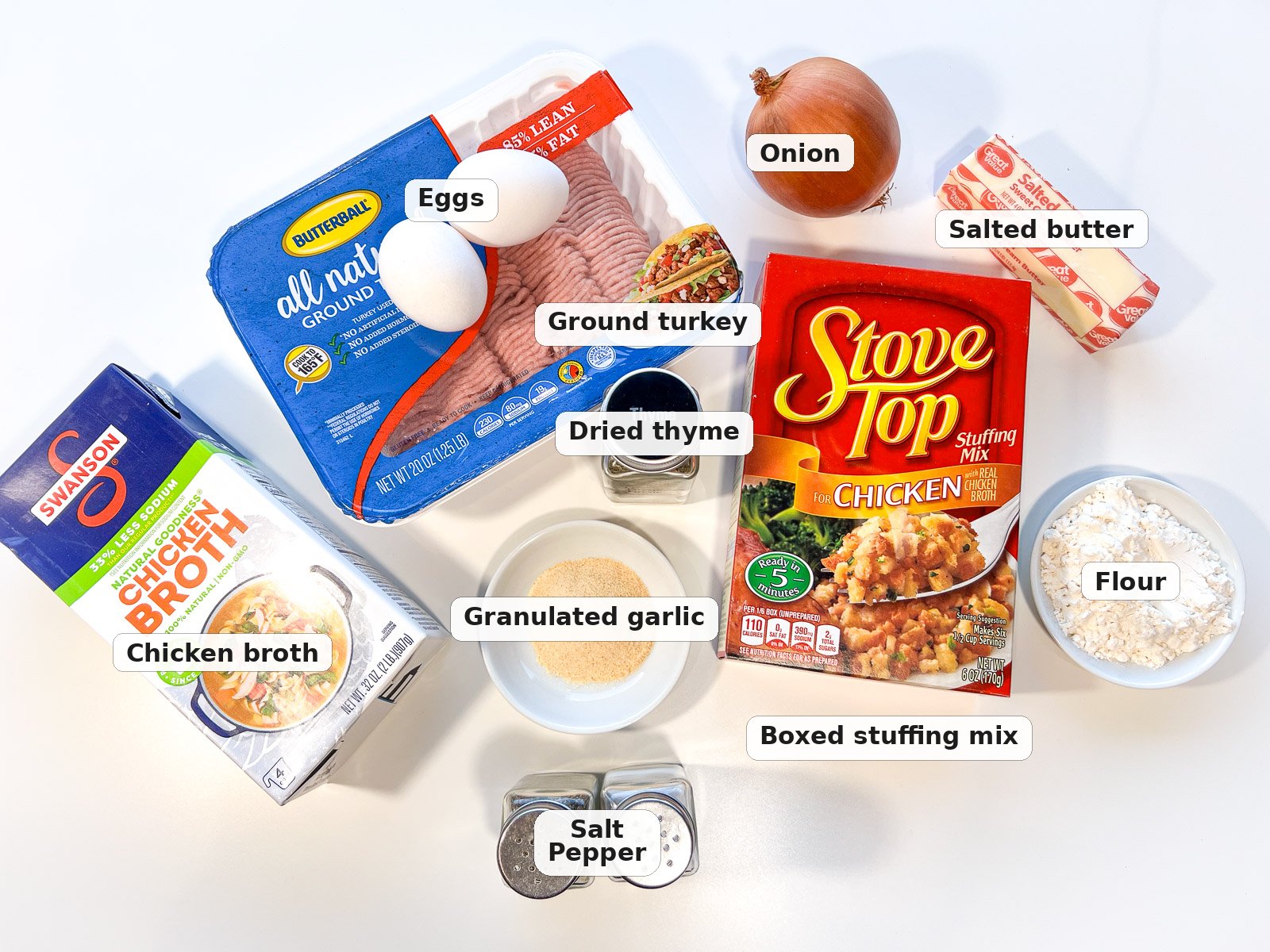 Labeled ingredients to make turkey and stuffing meatballs: ground turkey, eggs, onion, salted butter, chicken broth, dried thyme, granulated garlic, boxed stuffing mix, flour, salt and pepper.