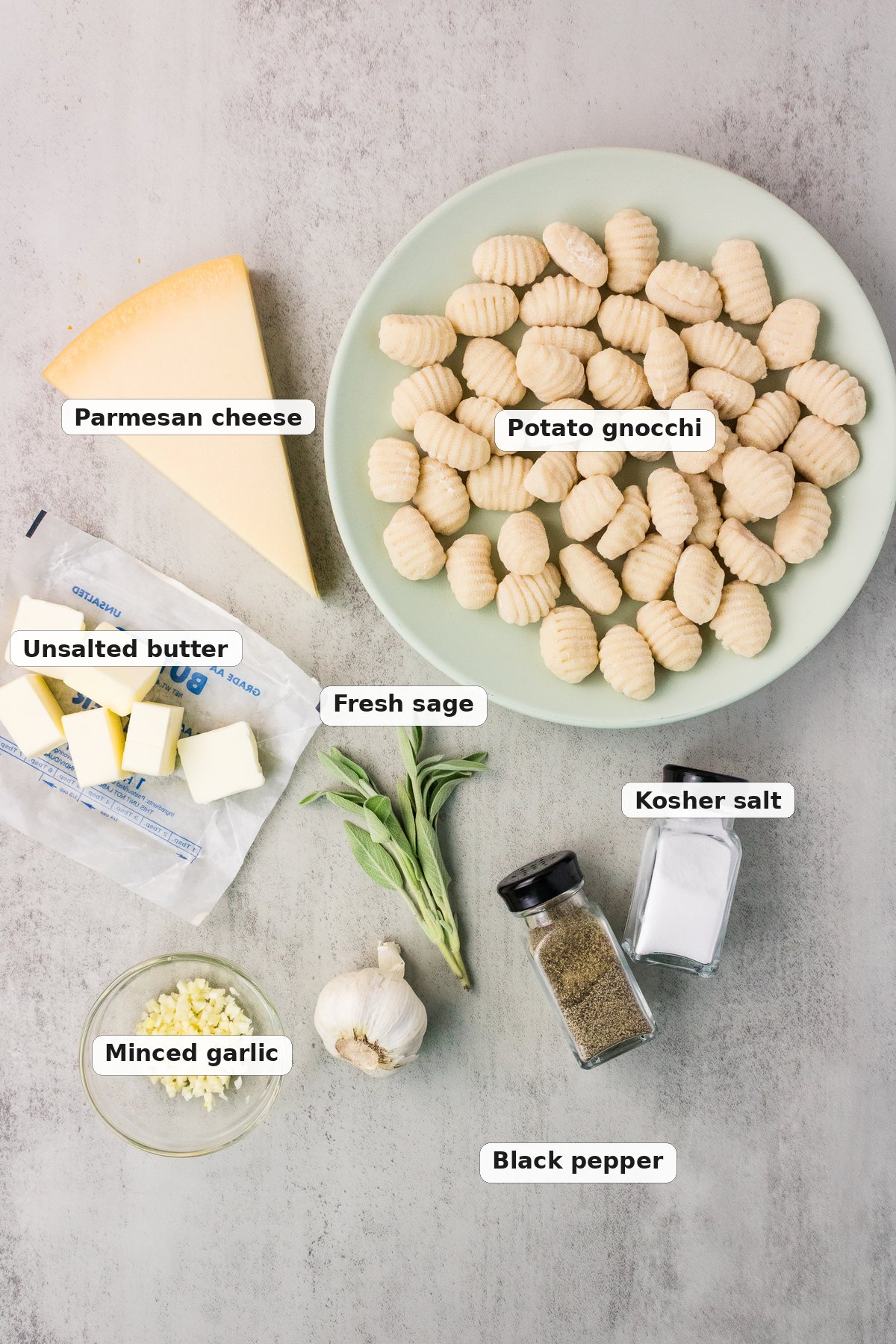 Labeled ingredients for brown butter sage gnocchi including potato gnocchi, Parmesan cheese, unsalted butter, fresh sage, and minced garlic