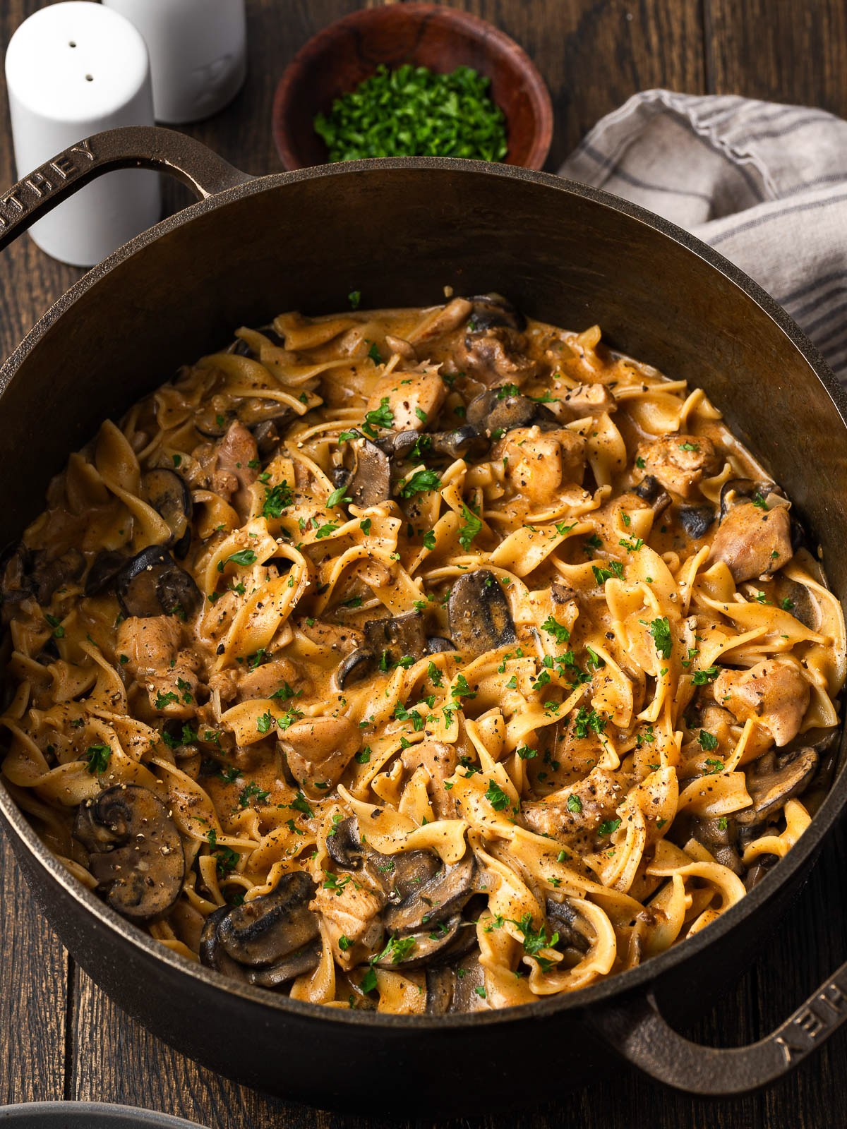 Chicken stroganoff with egg noodles and browned mushrooms in a cast iron Dutch oven, chive bowl and salt shakers beside the pot